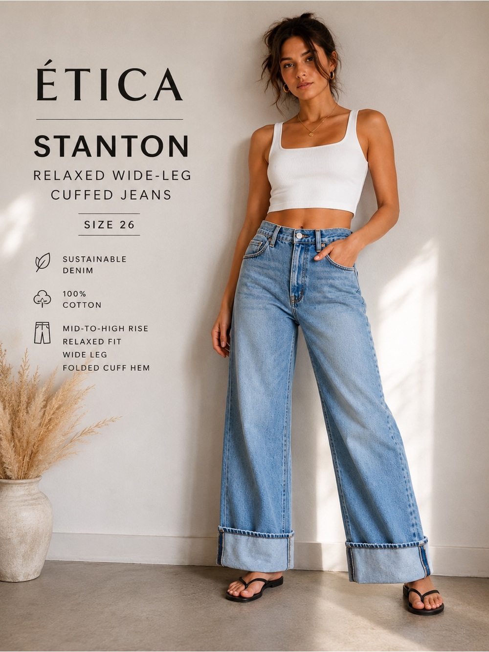 ÉTICA Stanton Relaxed Wide-Leg Cuffed Jeans Light Wash Size 26